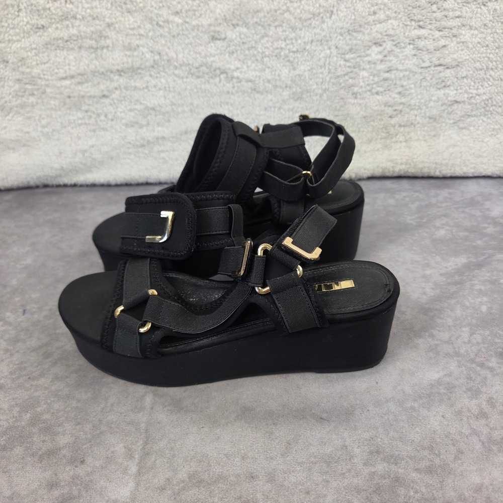 Liliana Black Platform Sandals Gold Hardware Strappy Sporty Wedge Womens 8